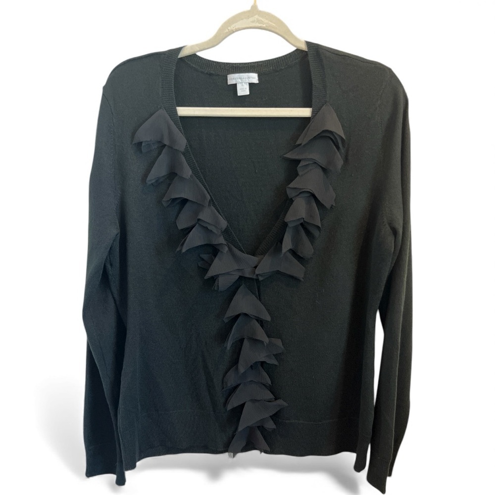 New York & Company Black Ruffle Trim Deep V-Neck Lightweight Sweater XL